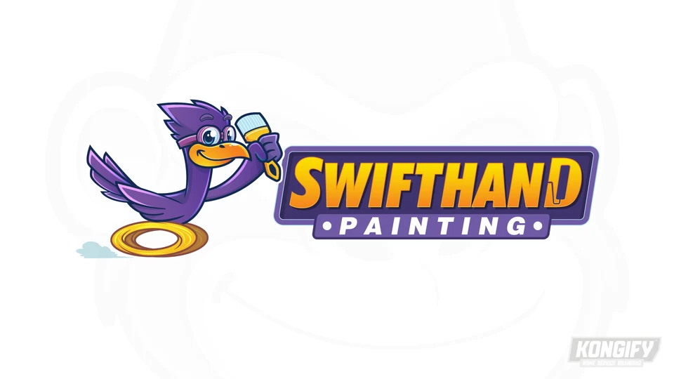 Swifthand Painting's new purple bird mascot and yellow wordmark