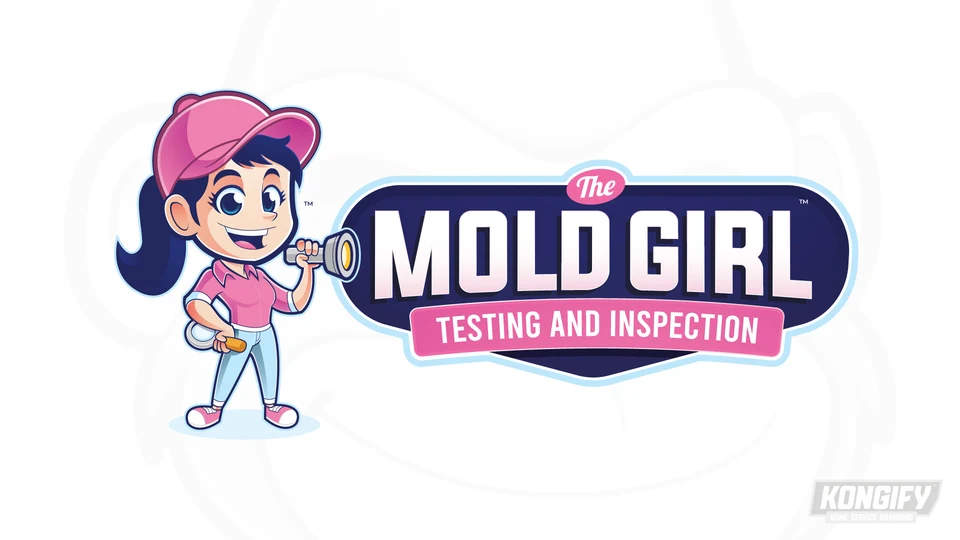 The Mold Girl Testing and Inspection logo with a pink-capped mascot holding a flashlight and magnifying glass.
