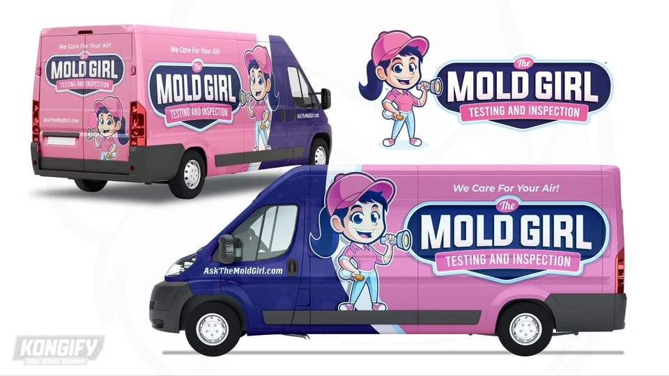 The Mold Girl van wrap with pink rear panels, a deep-blue front, and a large inspection mascot.