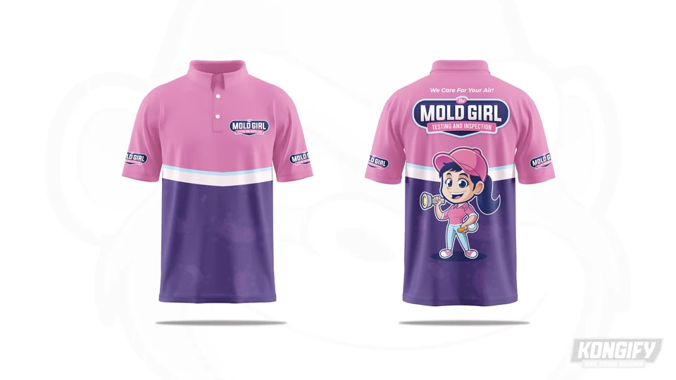 The Mold Girl polo design with a pink top, purple lower half, pale stripe, and inspection mascot on the back.