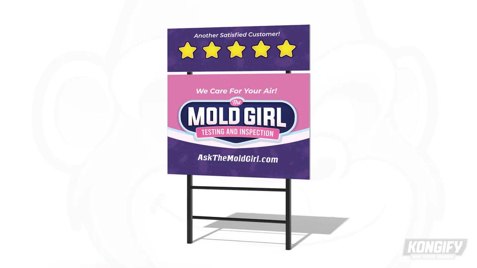 The Mold Girl yard sign design with pink and purple panels, name badge, website, and separate star rider.