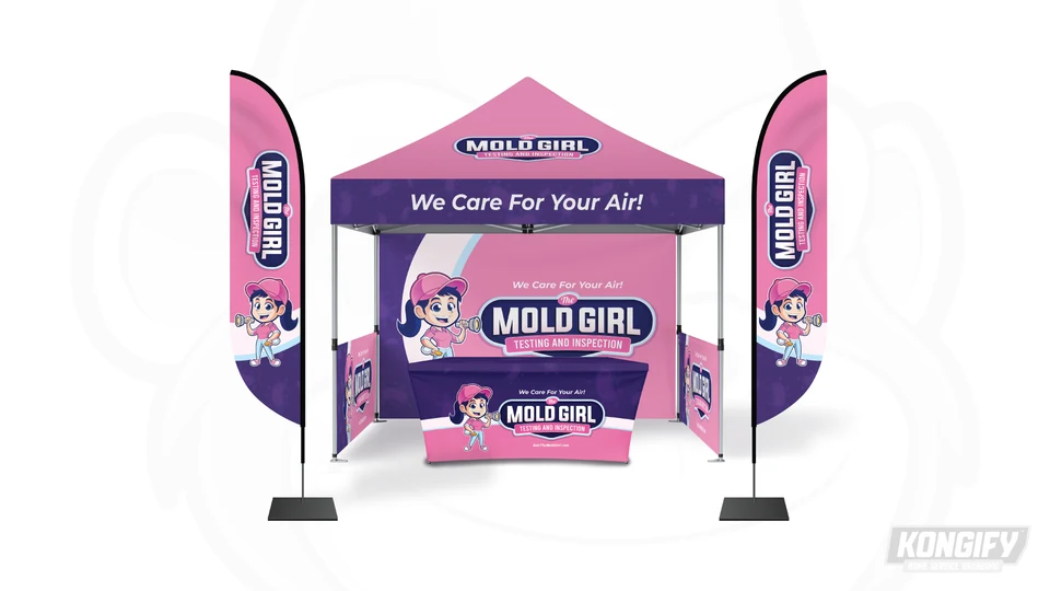 The Mold Girl event set with a pink canopy, purple table cover, matching flags, backdrop, and inspection mascot.