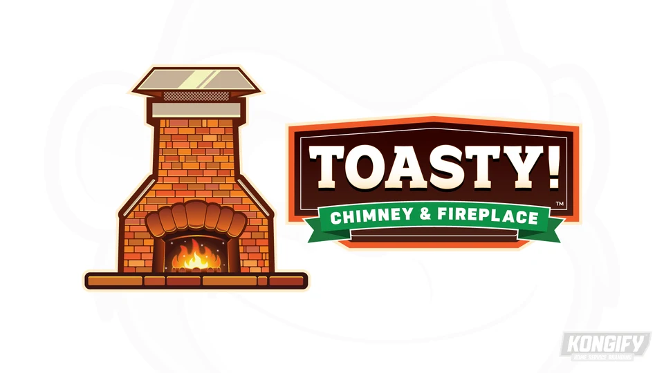 Toasty! Chimney & Fireplace logo beside a brick fireplace and capped chimney.