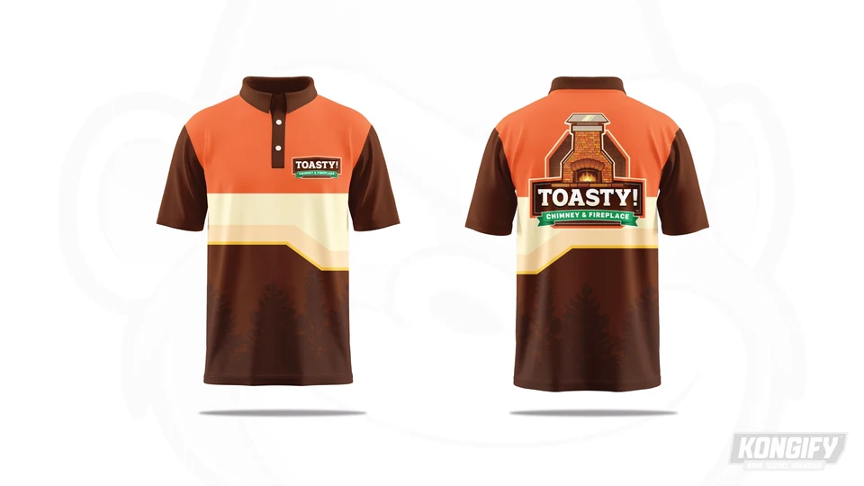 Front and back of the Toasty! polo design in orange, cream, brown, and green.