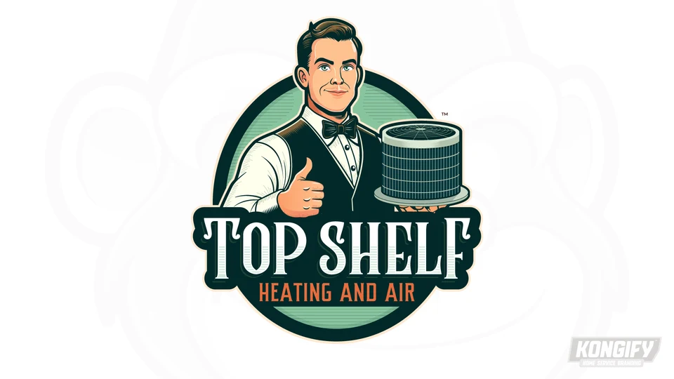Top Shelf Heating and Air logo with a bow-tied butler holding a condenser on a tray and giving a thumbs-up.