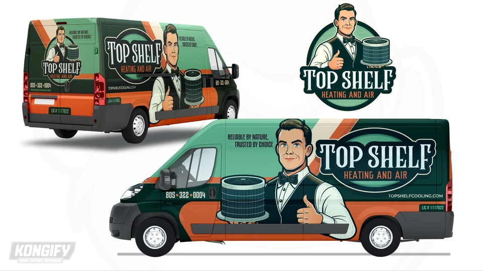 Top Shelf van wrap with a large butler, green panels, orange lower section, and cream diagonal stripe.