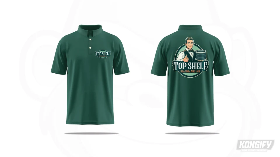 Top Shelf dark-green polo design with a small chest badge and large butler logo on the back.