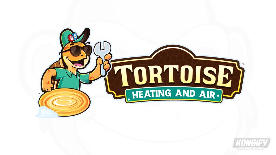 Tortoise Heating and Air logo with a smiling tortoise in sunglasses and a teal cap holding a wrench beside a brown patterned badge.