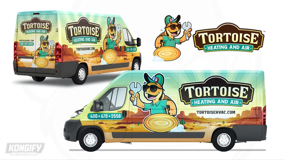 Tortoise Heating and Air van wrap design with a large tortoise, desert road, red rock formations, cactus, and a pale teal sky.