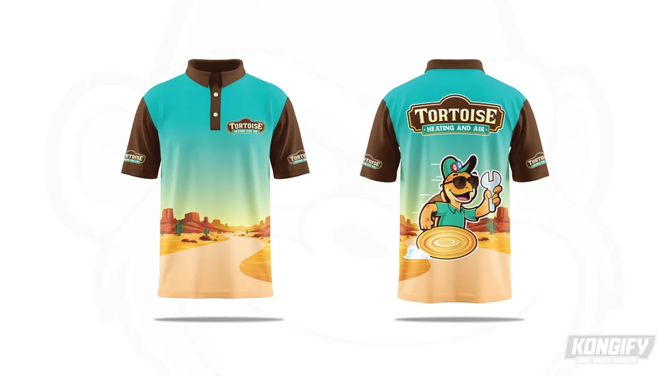 Tortoise Heating and Air polo design with a teal body, brown sleeves, desert road at the hem, and moving tortoise character on the back.