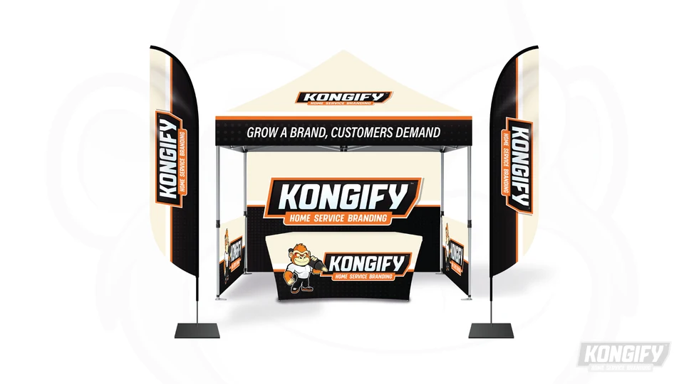 Kongify tradeshow booth with branded canopy, table, panels, and feather flags