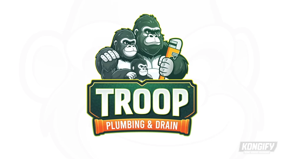 Troop Plumbing & Drain logo with three gorillas, an orange pipe wrench, white lettering, and a green leaf-pattern badge.