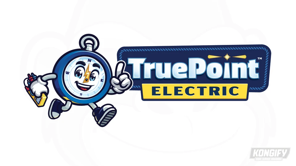 TruePoint Electric logo with a smiling blue compass, yellow lightning-bolt needle, electrical meter, and blue badge with a yellow service panel.