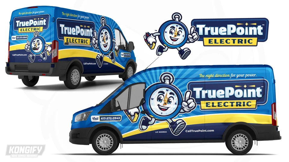 TruePoint Electric van wrap design with a large compass character, blue rays, yellow dividing stripe, and navy lower panel.