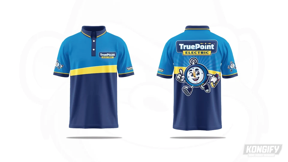 TruePoint Electric polo design with a blue top, yellow stripe, navy lower section, and large compass character on the back.