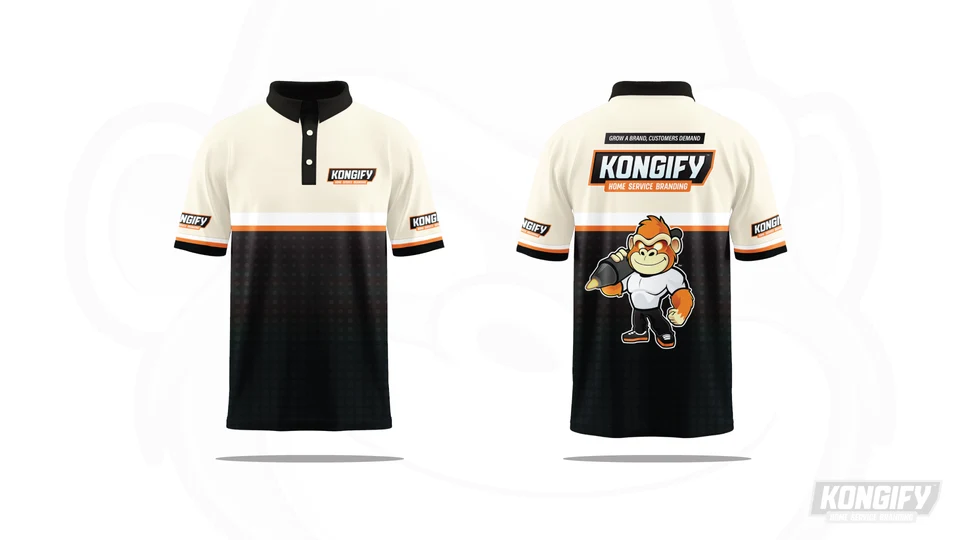 Front and back views of branded Kongify uniform shirts