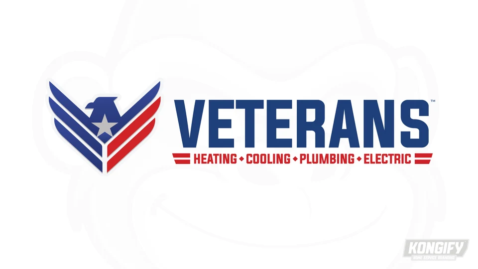 Veterans logo with a red and blue eagle, central star, and Heating, Cooling, Plumbing, Electric service line.
