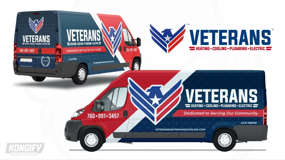Veterans van wrap with a red front, navy rear, large eagle, white diagonal stripe, and star pattern.