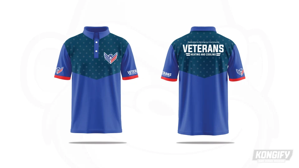 Veterans polo design with a dark star pattern, blue lower half, red trim, and Heating and Cooling wording.