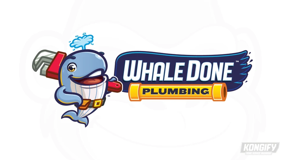 Whale Done Plumbing logo with a smiling blue whale, red pipe wrench, and gold pipe-shaped service bar.