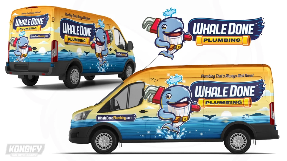 Whale Done van wrap with a blue ocean, golden sky, whale mascot, and large white brand name.