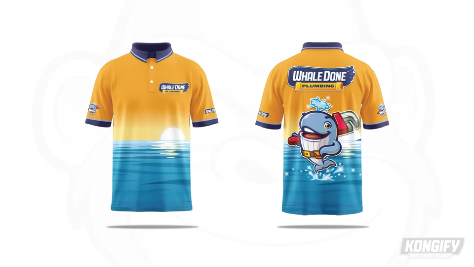 Whale Done polo design with a golden sky, blue ocean, and whale mascot on the back.