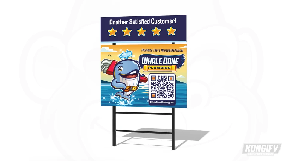 Whale Done yard sign design with the whale, brand name, website, QR code, and separate rider.
