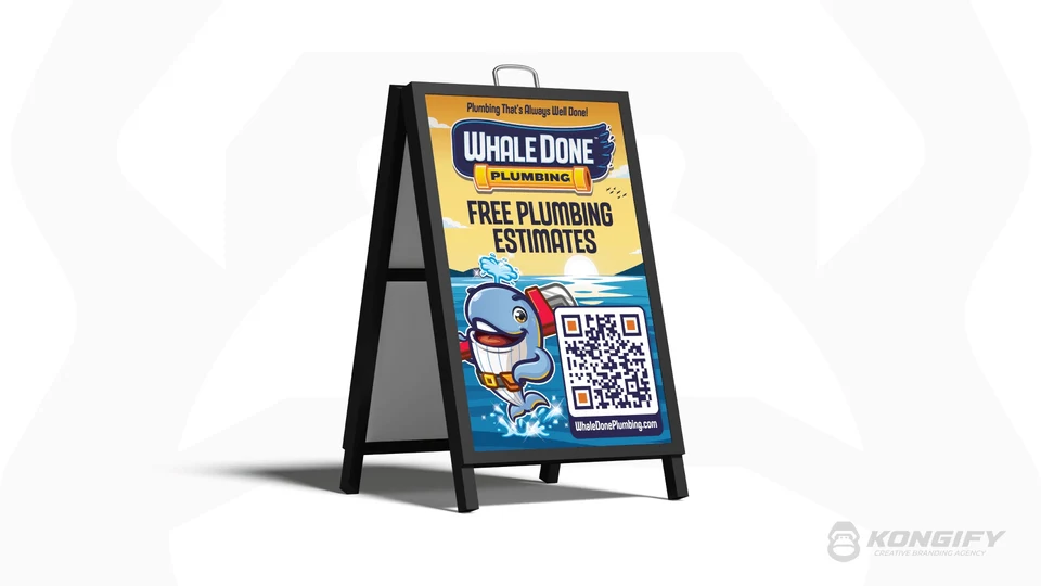 Whale Done Plumbing A-frame sign artwork.