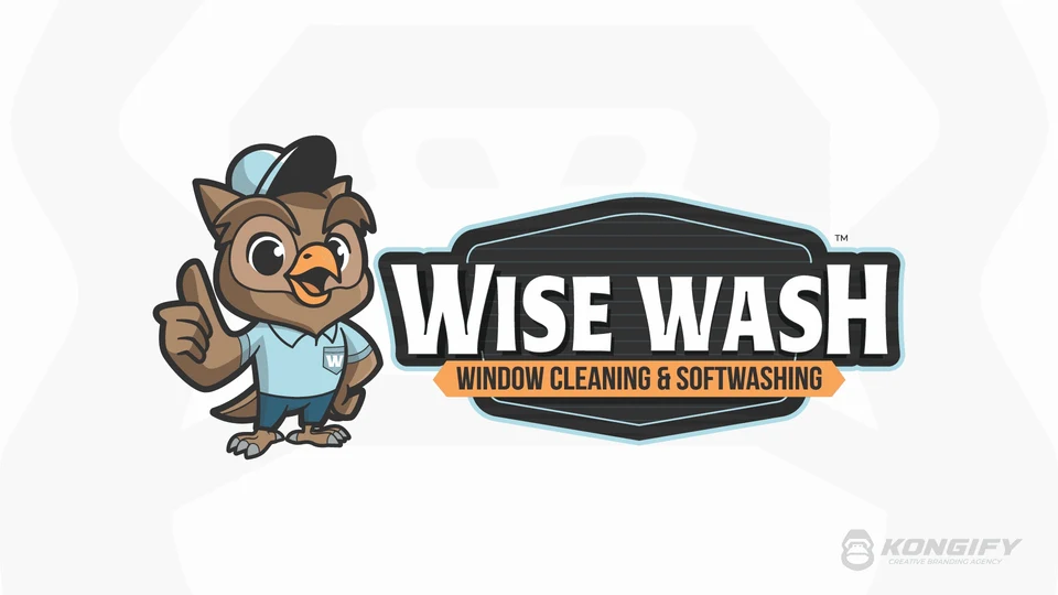 Wise Wash Window Cleaning & Softwashing logo with a brown owl in a light blue polo beside a dark badge with white lettering and an orange service ribbon.