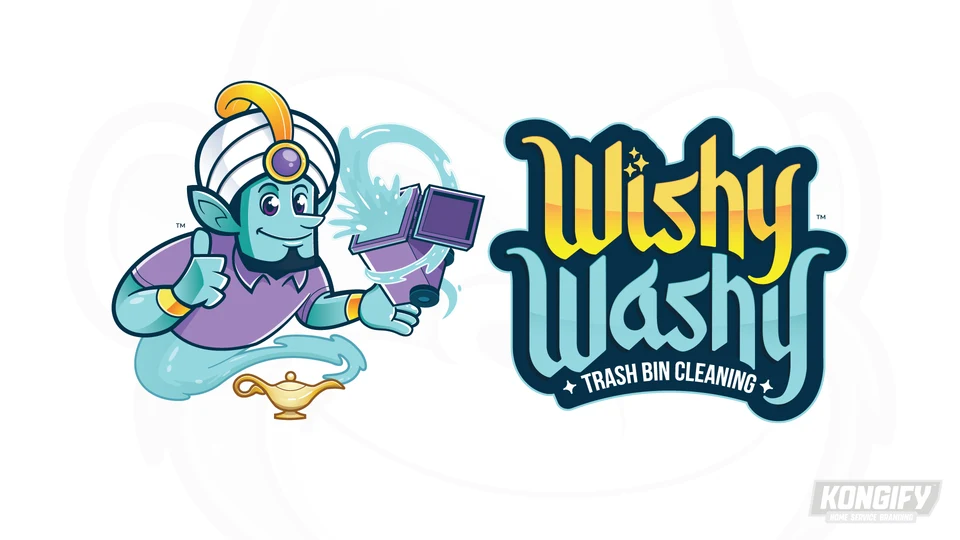 Wishy Washy Trash Bin Cleaning logo with a teal genie rising from a gold lamp and holding a floating purple bin surrounded by water.