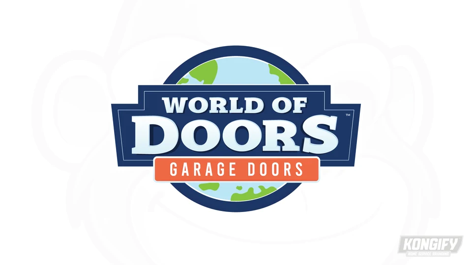World of Doors Garage Doors logo with a blue and green globe, navy nameplate, pale lettering, and orange service panel.