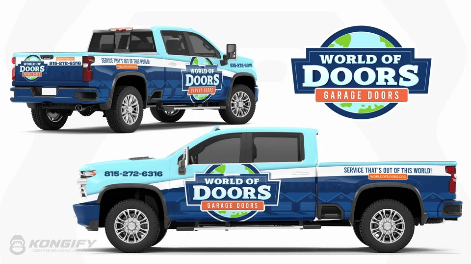 World of Doors pickup wrap with a large globe logo on the doors, light blue upper panels, navy lower panels, and garage-door drawings.