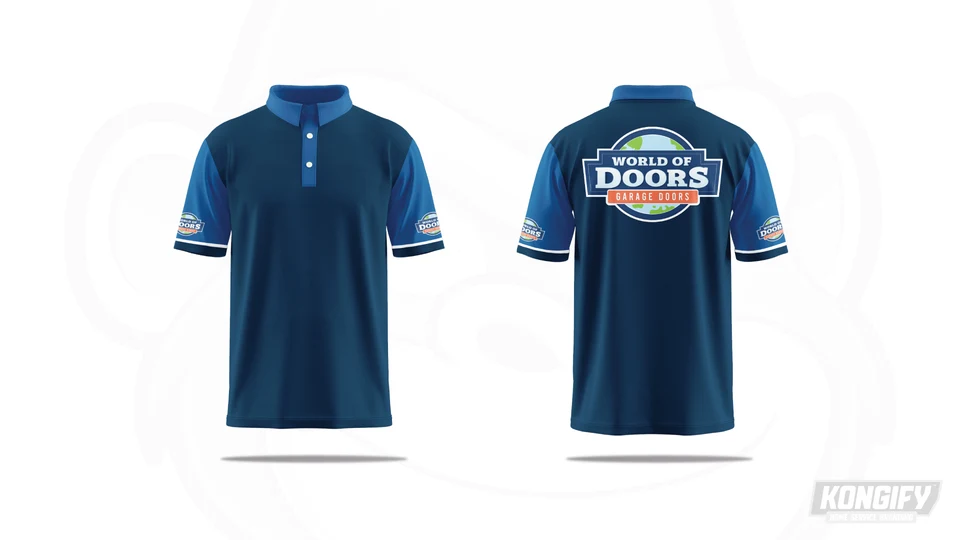 World of Doors navy polo design with blue sleeves and collar, white cuff stripes, sleeve logos, and a large globe badge on the back.